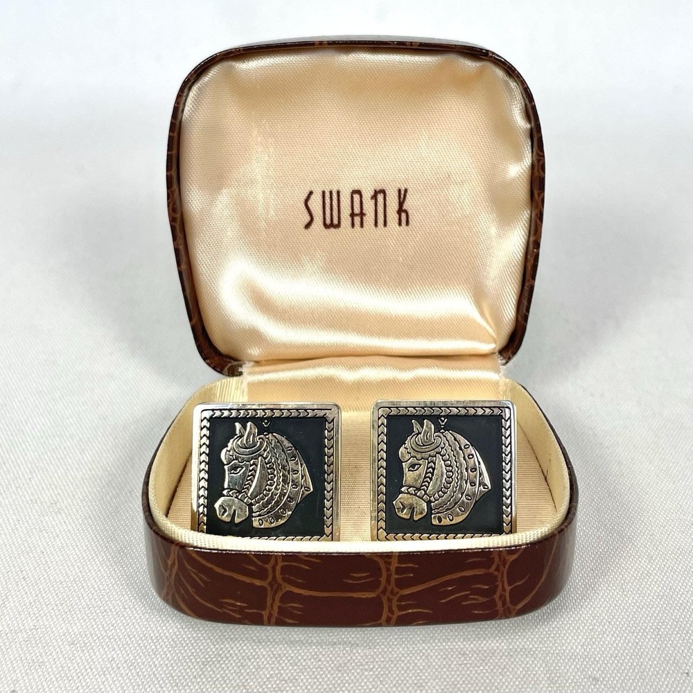 Vintage Swank Horse Head Cufflinks Silver Tone Square Original Box Western